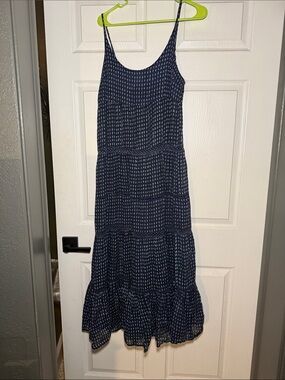 FREE PEOPLE Navy Printed Tiered Spaghetti-Strap Dress